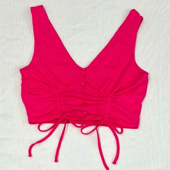 jolie & joy Tops - Pink Ruched Crop Tank Top with Tie Front
